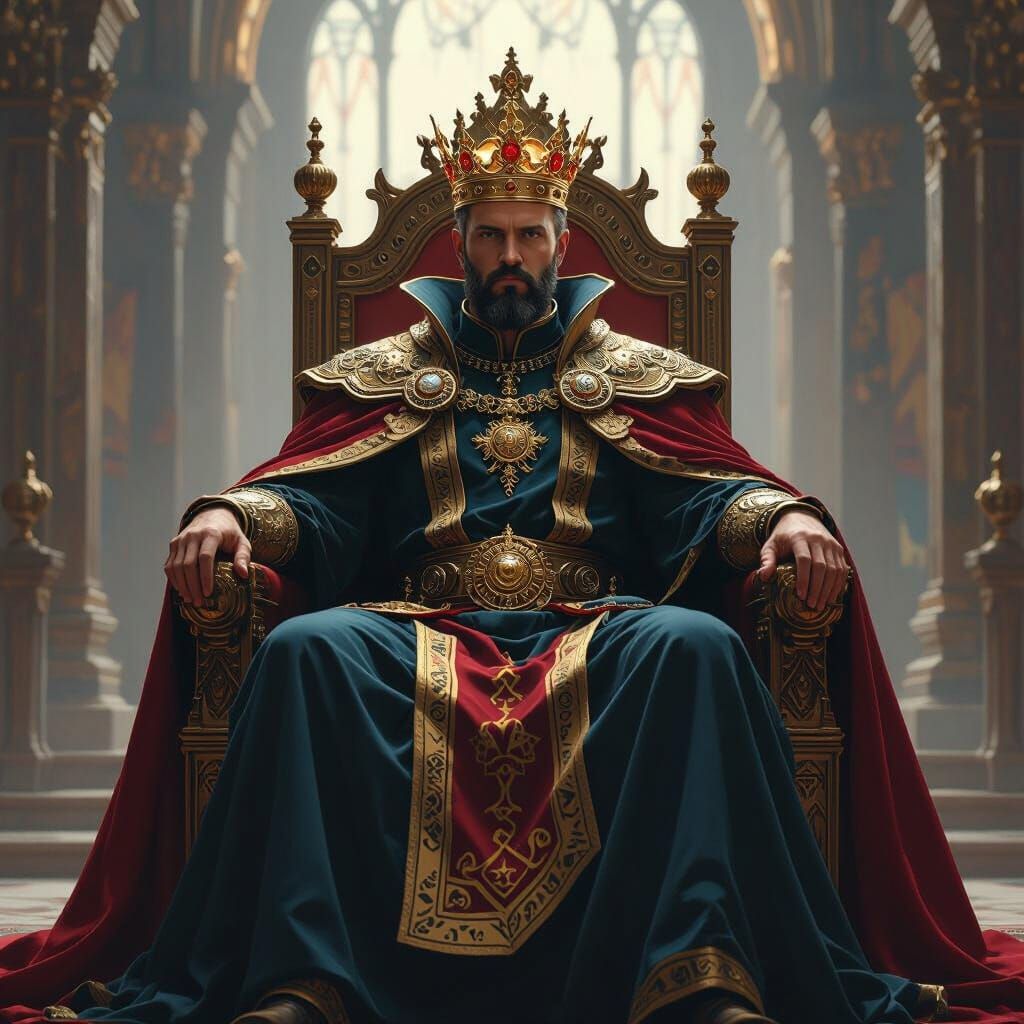 Regal King on Throne in Retro-Futuristic Style