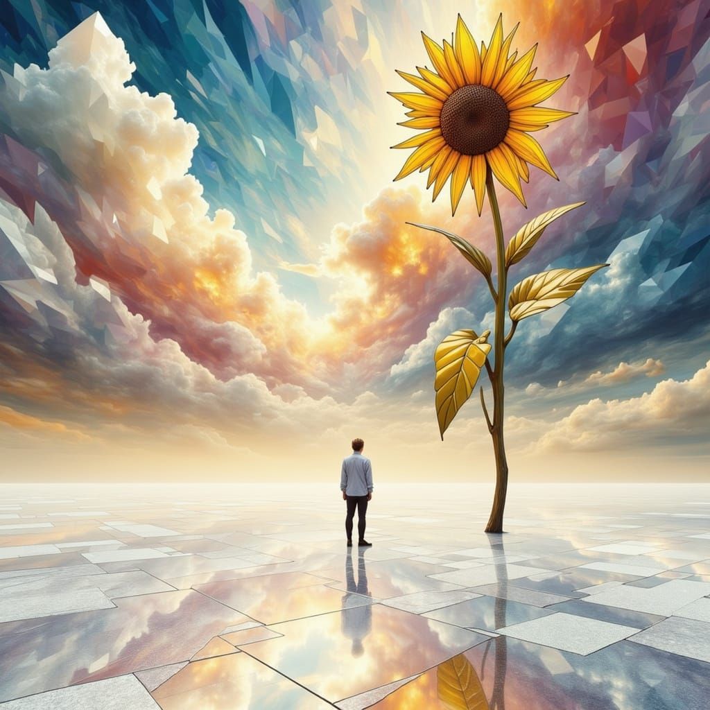 Surreal Desert Landscape with Geometric Clouds and Stained G...