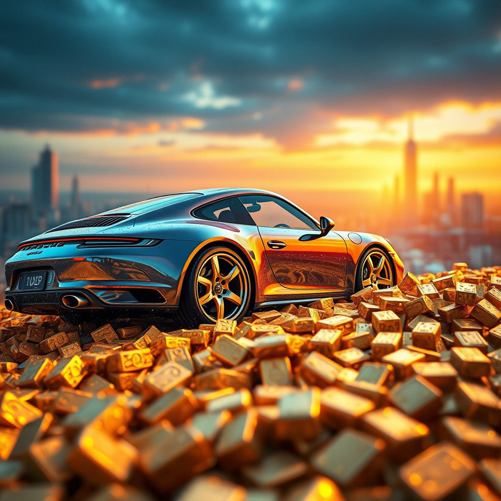 Porsche Crashes Through Gold Bricks in Matte Painting Style