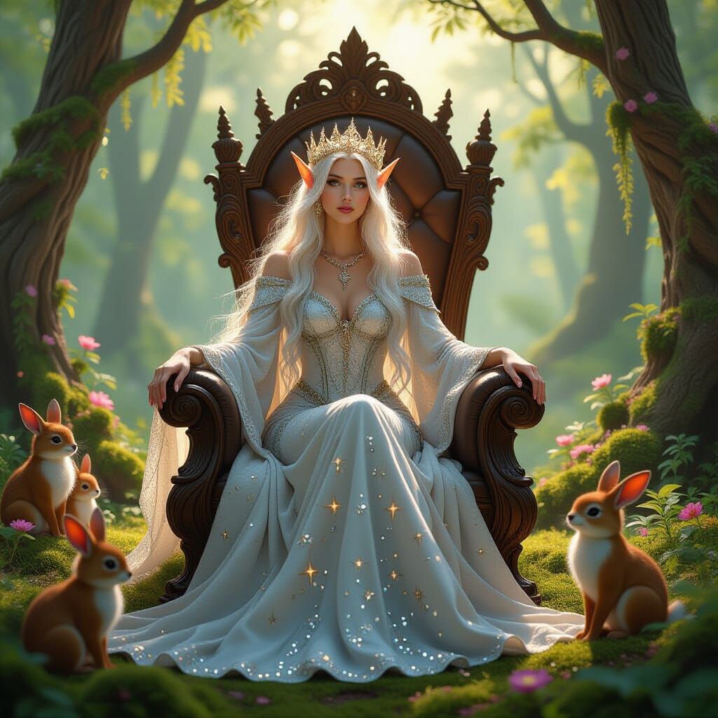 Elven Queen on Chocolate Throne in Art Nouveau Style