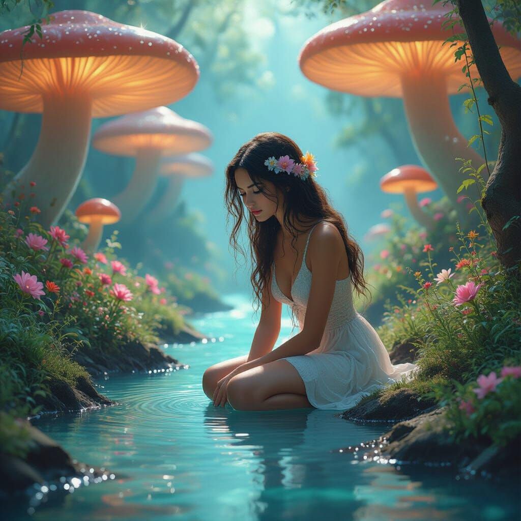 Alien Grove with Glowing Mushrooms and Woman