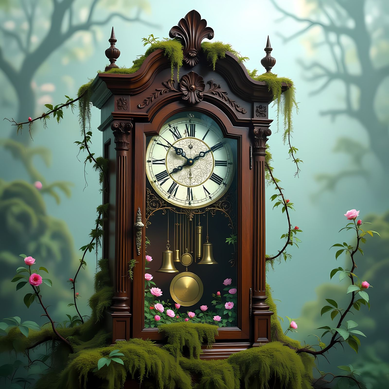 Moss-Covered Grandfather Clock with Blooming Flowers