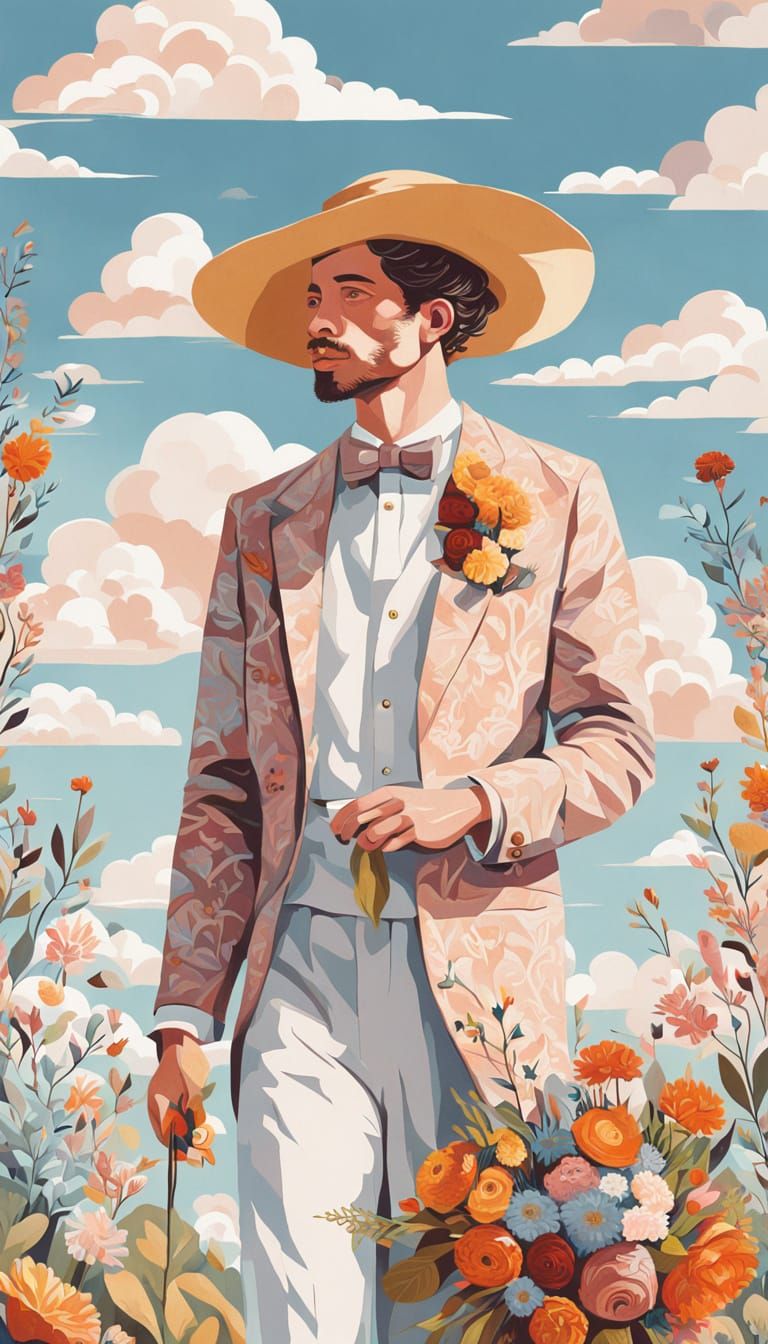 Man with Bouquet in Whimsical Artistic Style