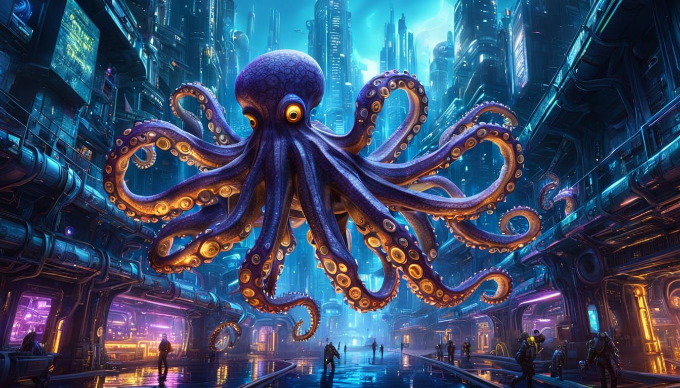 Futuristic Metal Octopus in Underwater City