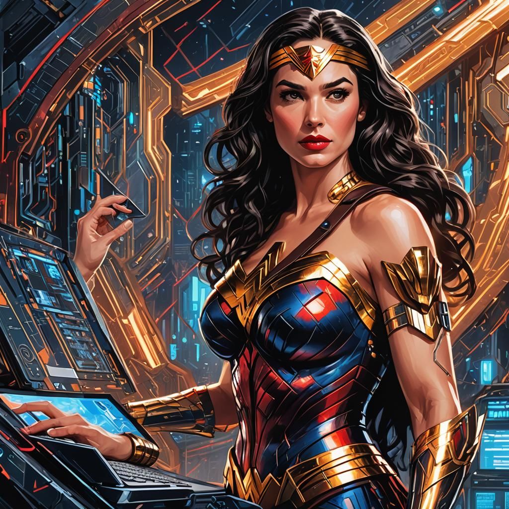 Wonder Woman Portrait with Futuristic Computer, Comic Book A...