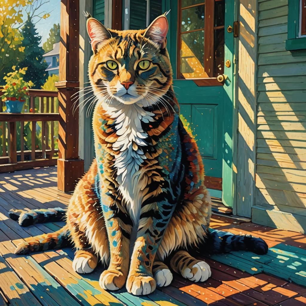 Cat on a Sunny Porch in Pointillism Style