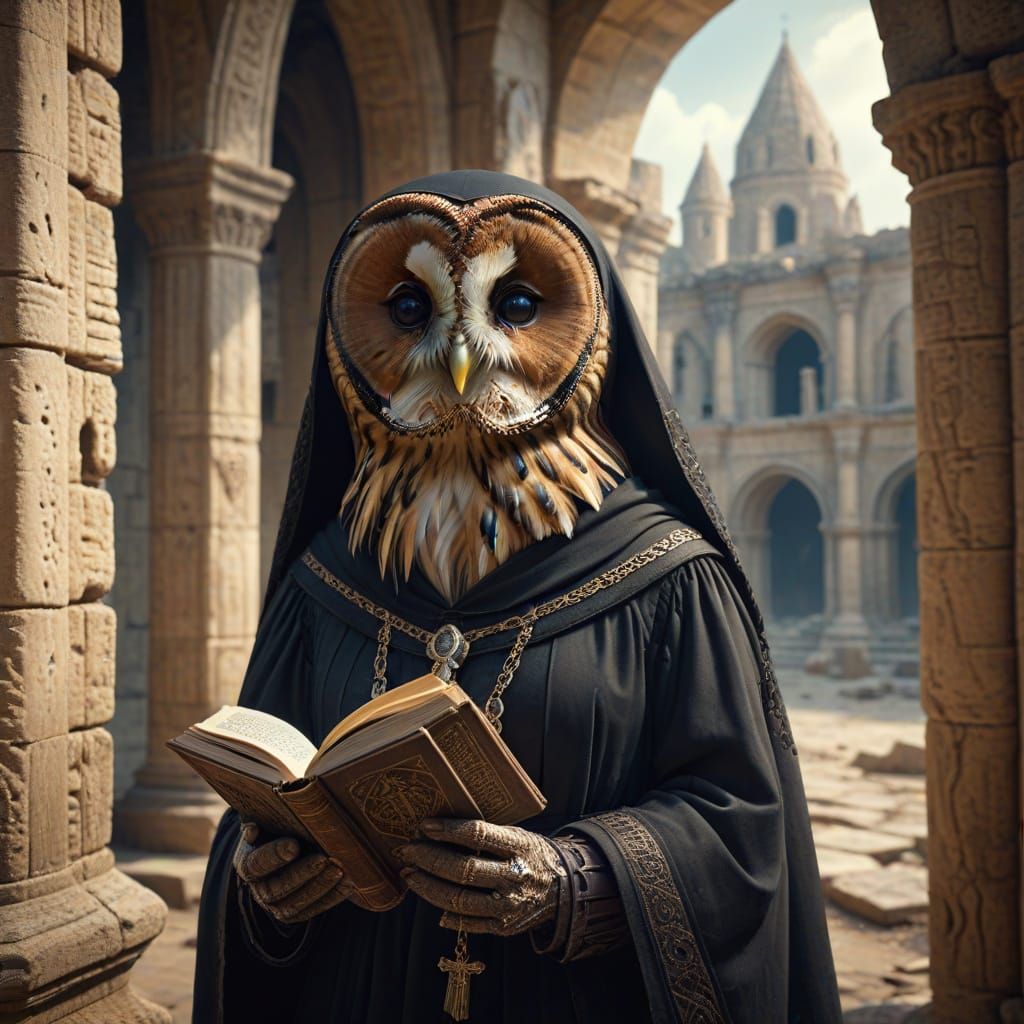 Nun Owl with Prayer Book in Monastery Ruins