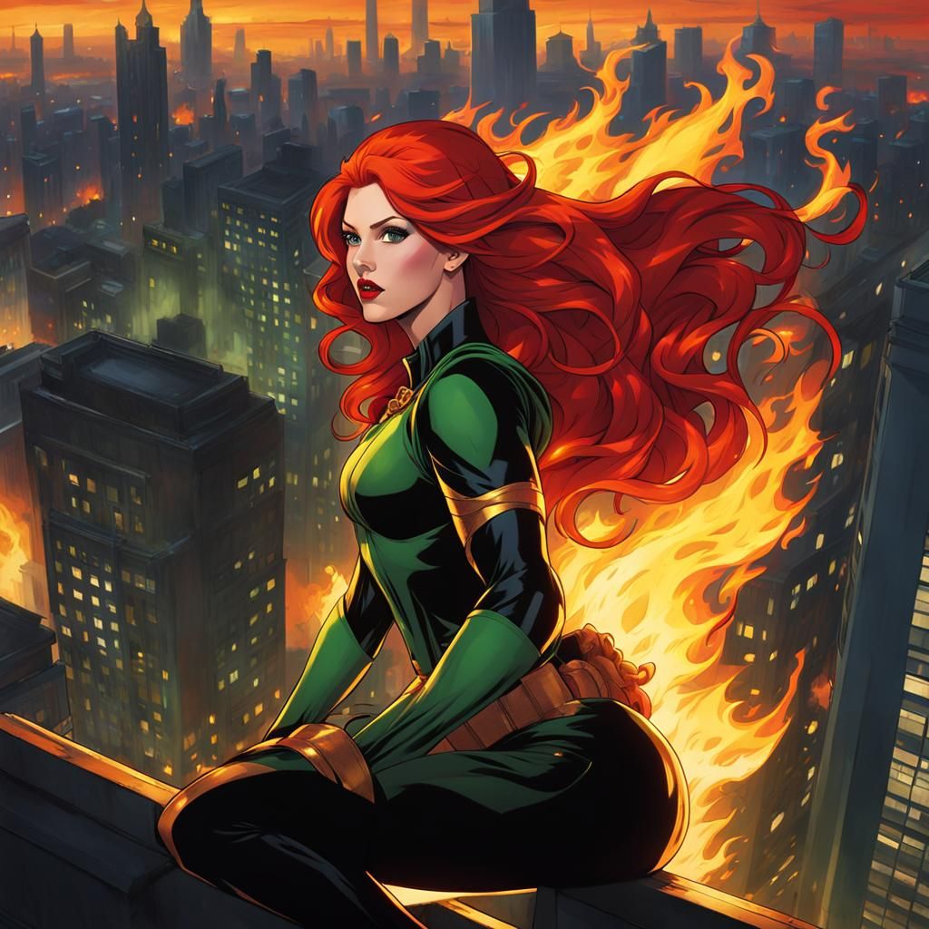 Fiery Woman Superhero Overlooking City, in Comic Style