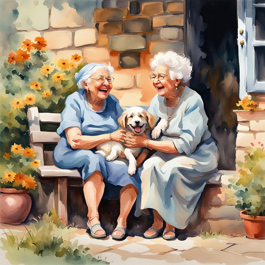 Laughing Ladies and Puppy in Gouache Watercolor