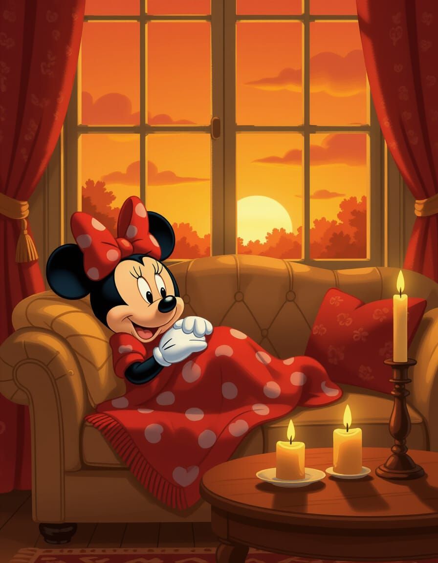 Minnie Mouse Relaxing on Sofa in Autumn Evening