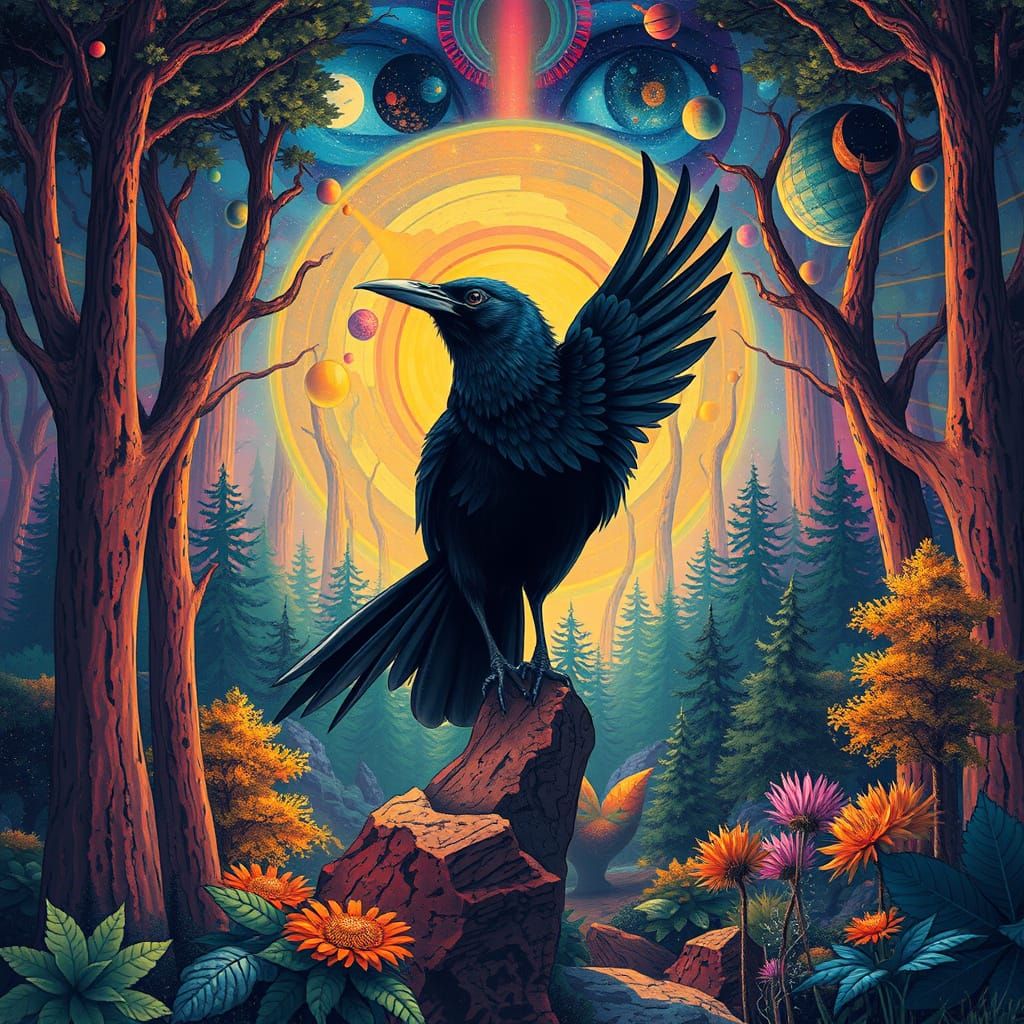 Heroic Blackbird in Futuristic Psychedelic Forest