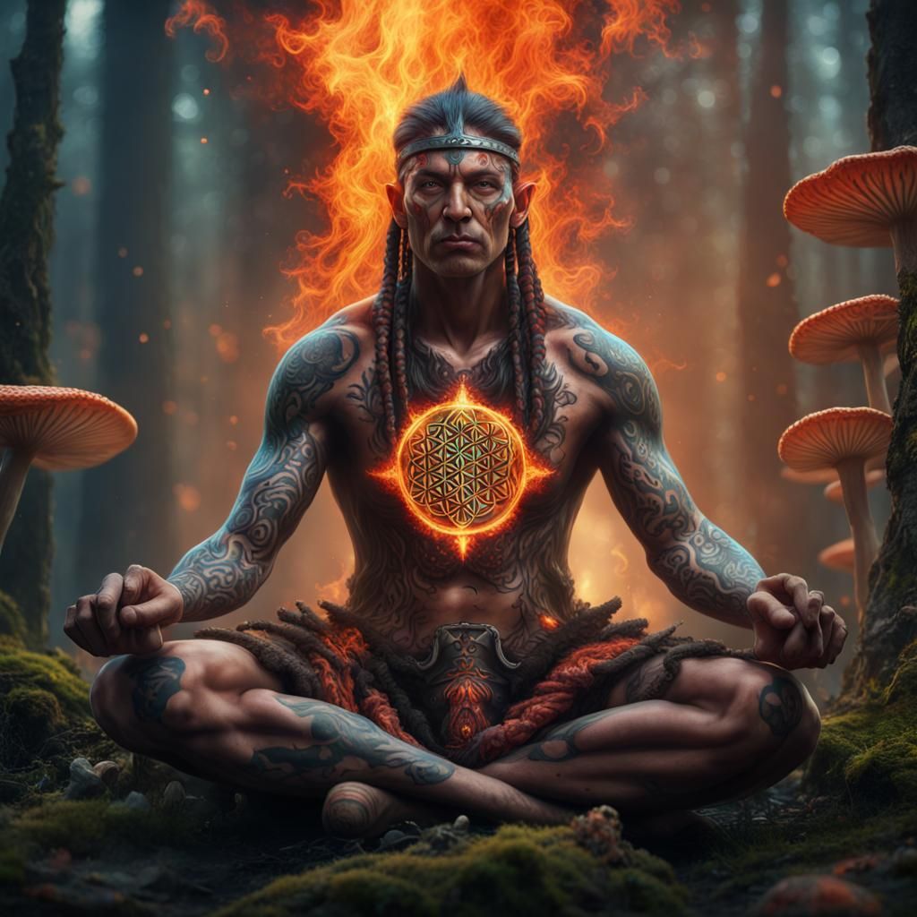 Tribal Warrior Meditating in Burning Forest