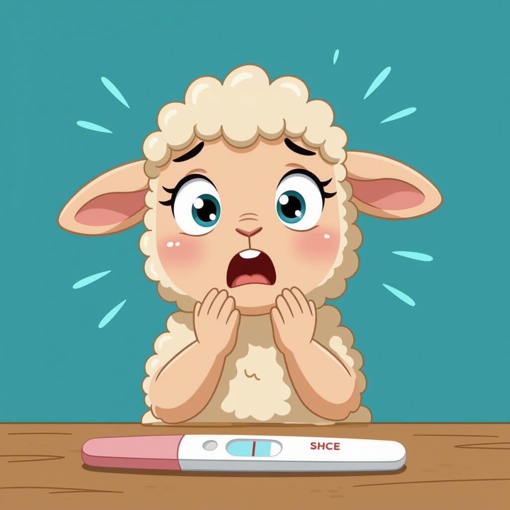 Nervous Lamb and Pregnancy Test in Cartoon Style