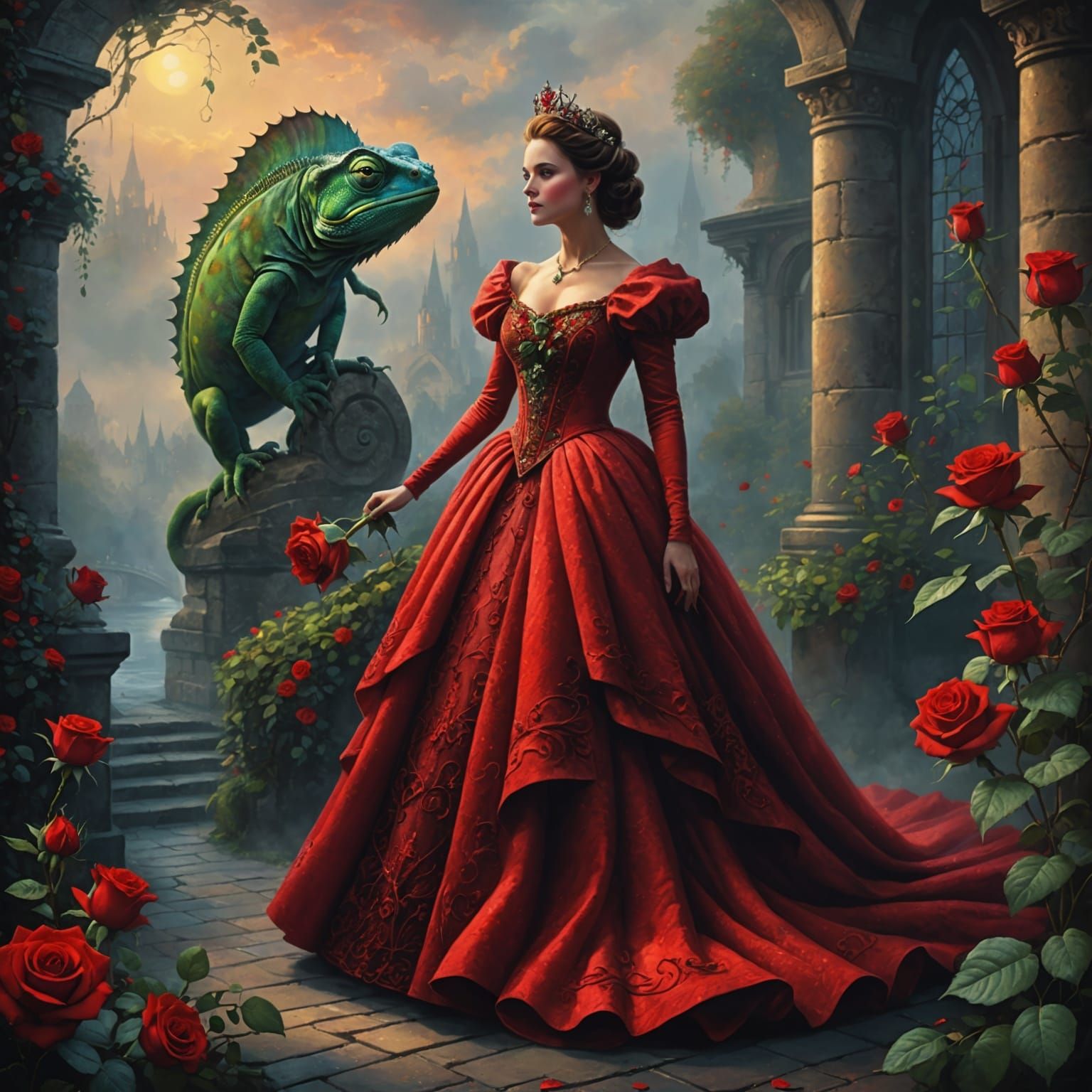 Rose Queen with Chameleon in Ethereal Fantasy Style