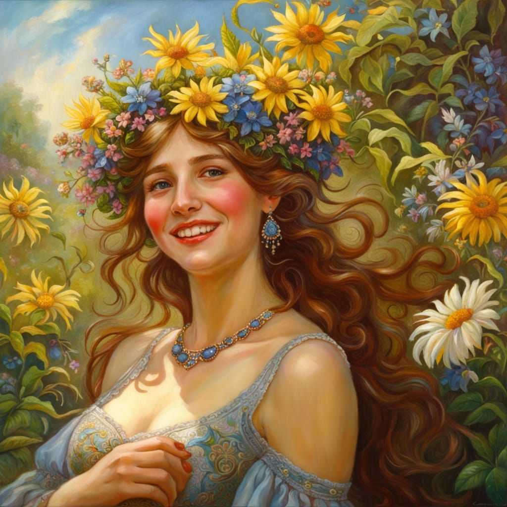 Girl Crowned with Wildflowers in Sunny Garden