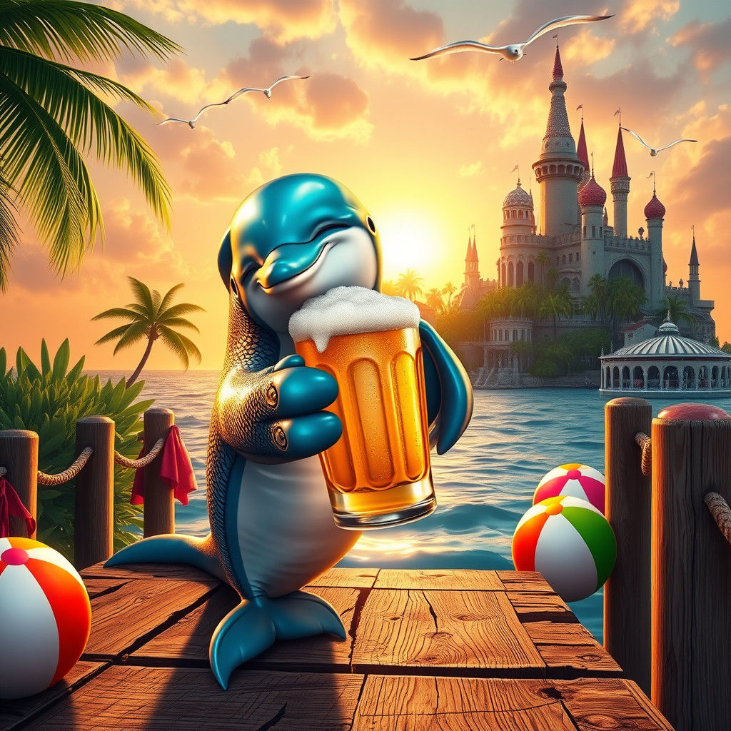 Dolphin in Tropical Sunset Scene with Beer and Beach Balls