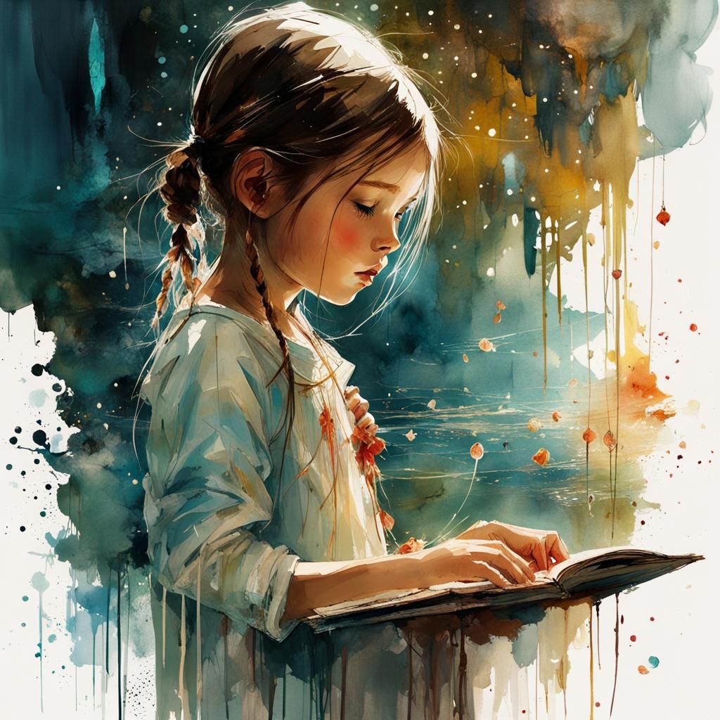 Girl Finds Magic Amulet, Watercolor Splash Art