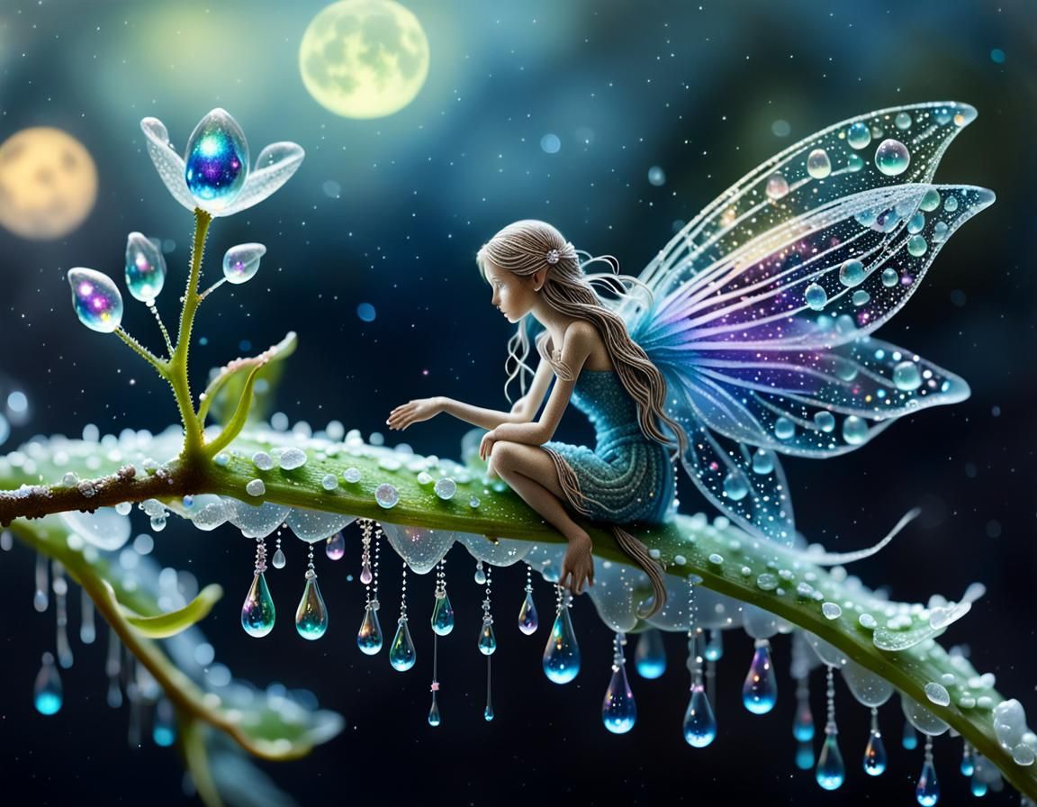 Tiny Dewdrop Fairy on Bioluminescent Flower