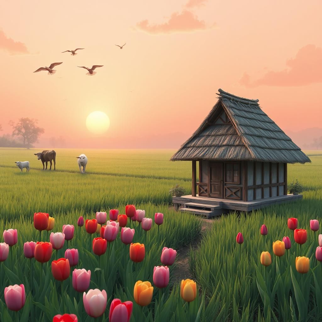 Serene Village Hut Amidst Rice Field: 3D Digital Art