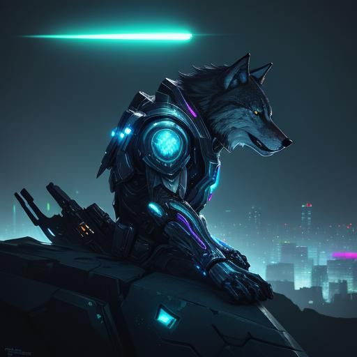 Cybernetic Wolf Overlooking Neon Cityscape