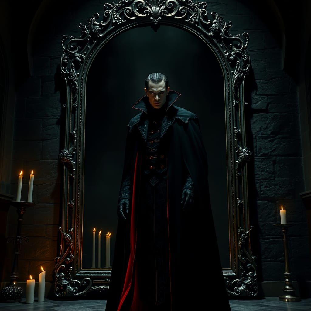 Dracula standing in front of his mirror in his castle and he...