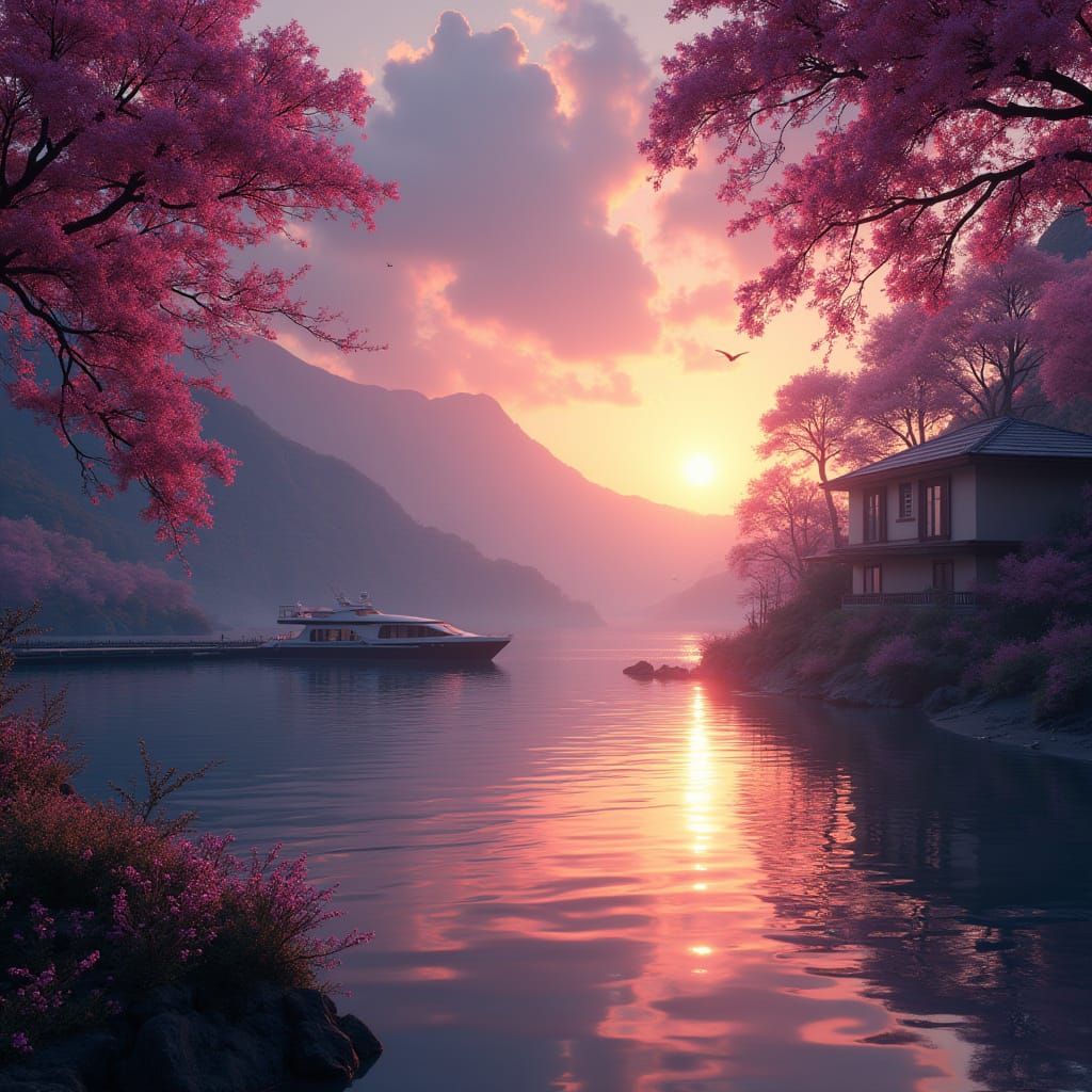 Dreamlike Sunset Lake with Flowery Trees and Villa