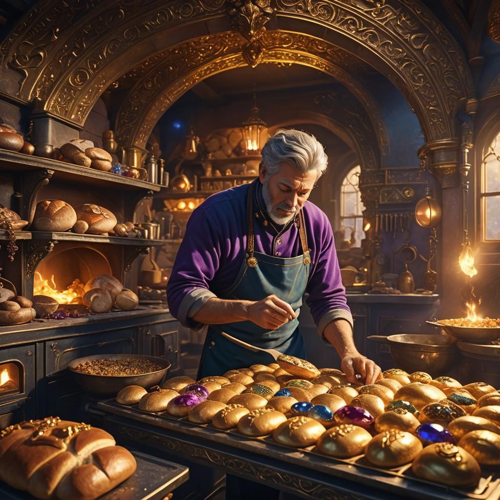 Man Baking Gemstone Bread in Mystical Oven