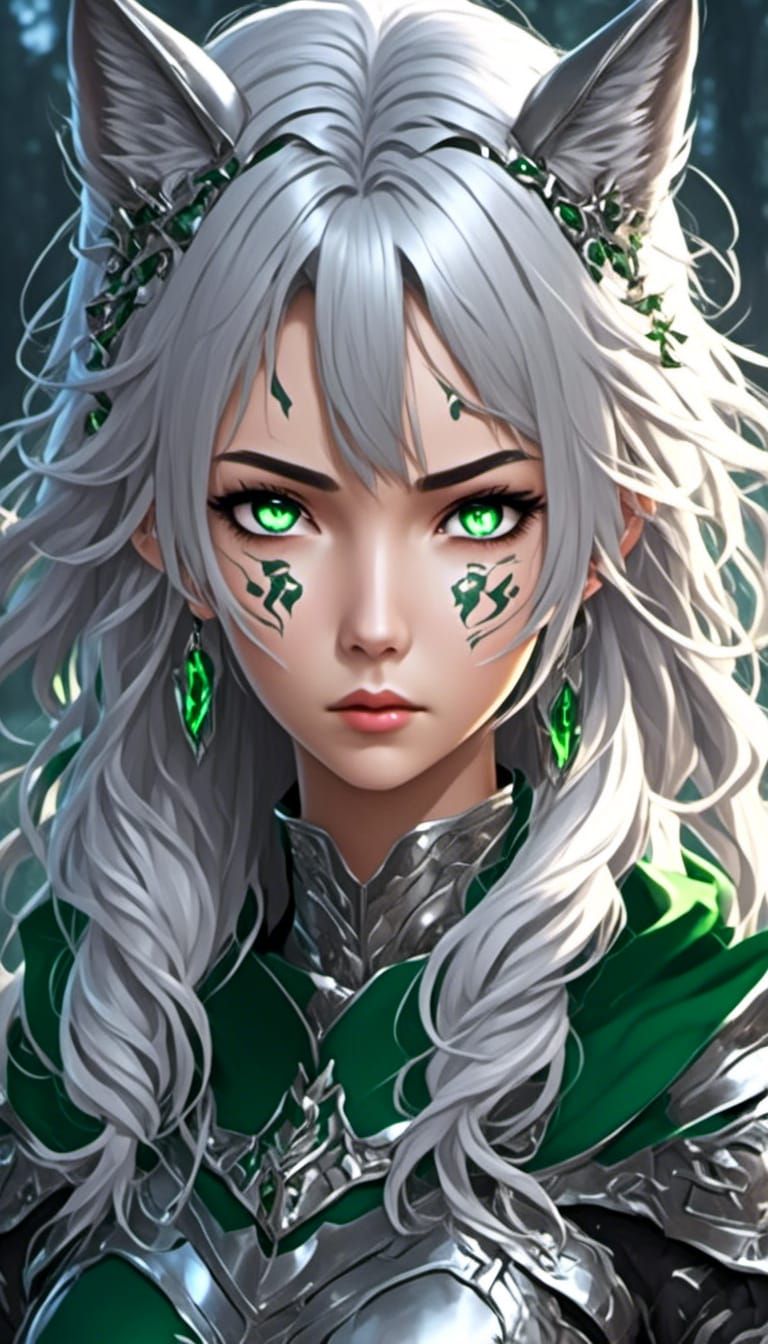 Anime Girl with Wolf Features in Fantasy Armor