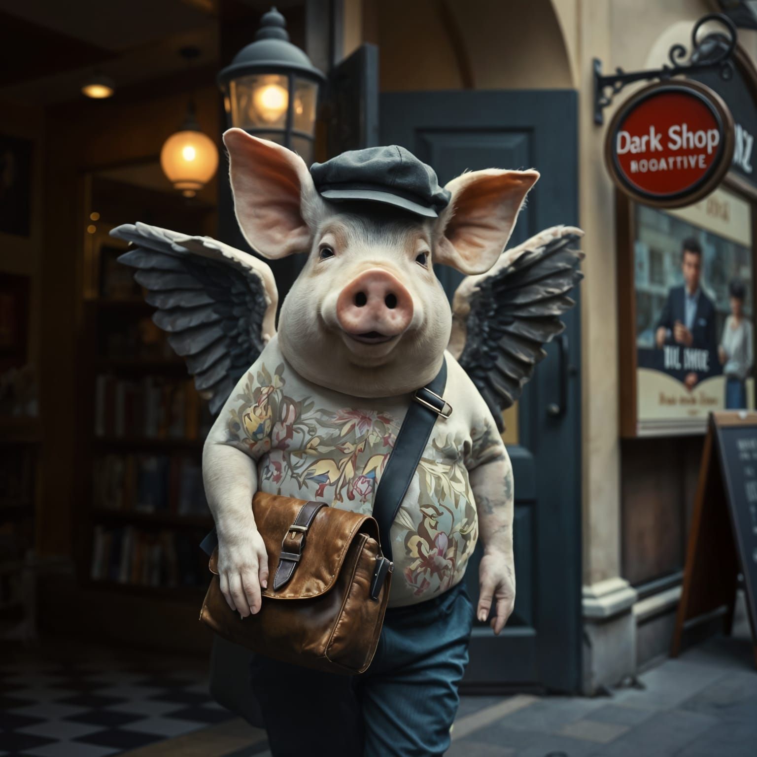 Winged Pig Awaits at Bookshop Entrance in Film Style