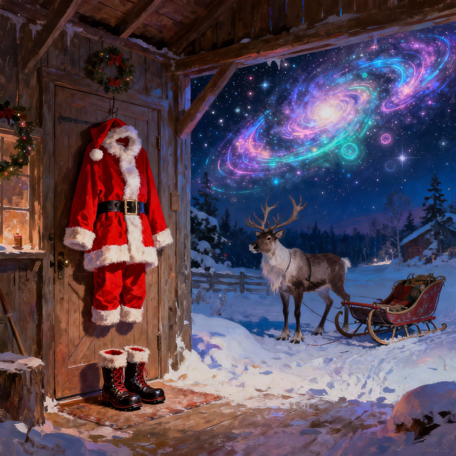 The day is done, Santa has hung up his red suit, boots are placed by the door. Reindeer and sled in barn. All is quiet a...