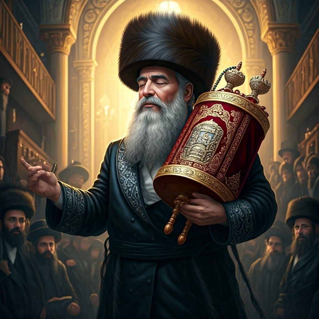 Regal Hasidic Rebbe in Opulent Coat, Torah Scroll, and Fur S...
