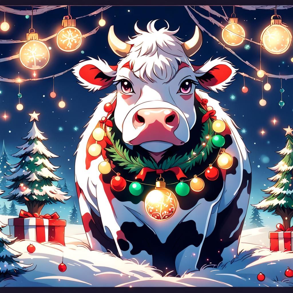 Cow Christmas Tree in Anime Style