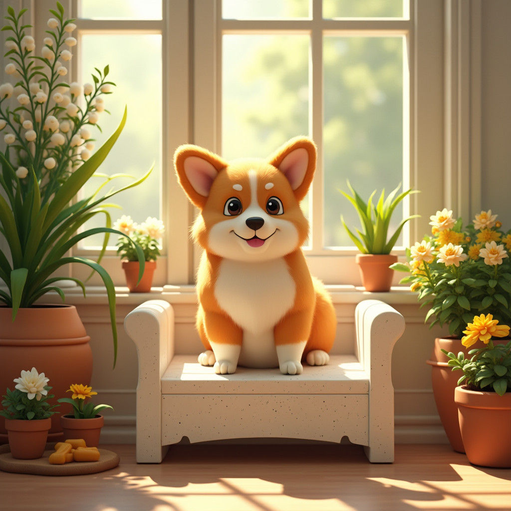 Plush Corgi Puppy on Marble Bench, Matte Painting