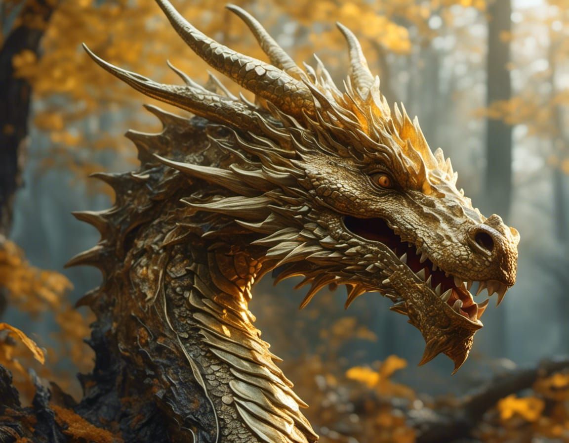 Hyperrealistic Gold Dragon Portrait in Misty Woods