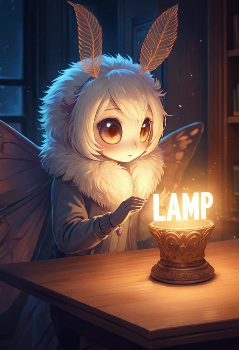 Anthropomorphic Moth Girl Gazing at Glowing Lamp in Anime Ar...