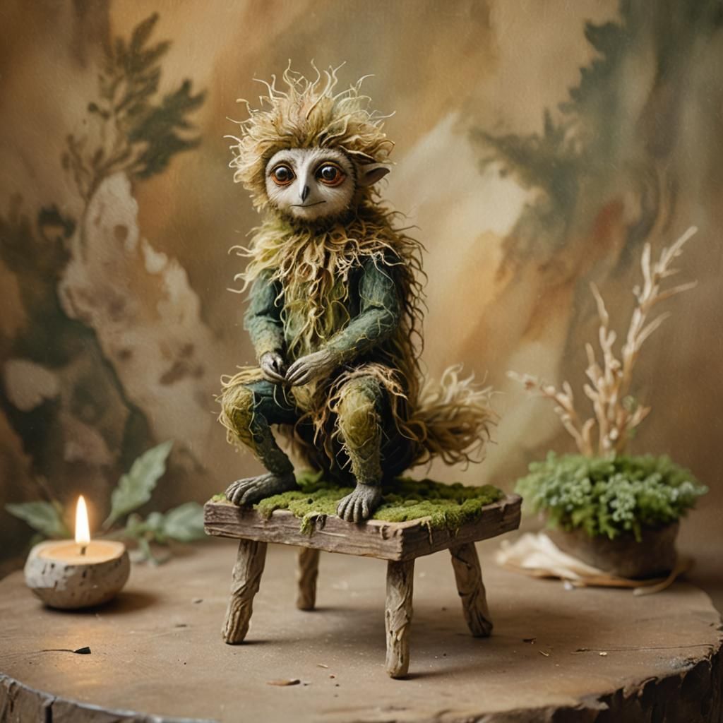 Mythological Humanoid on Stool in Folk Art Style