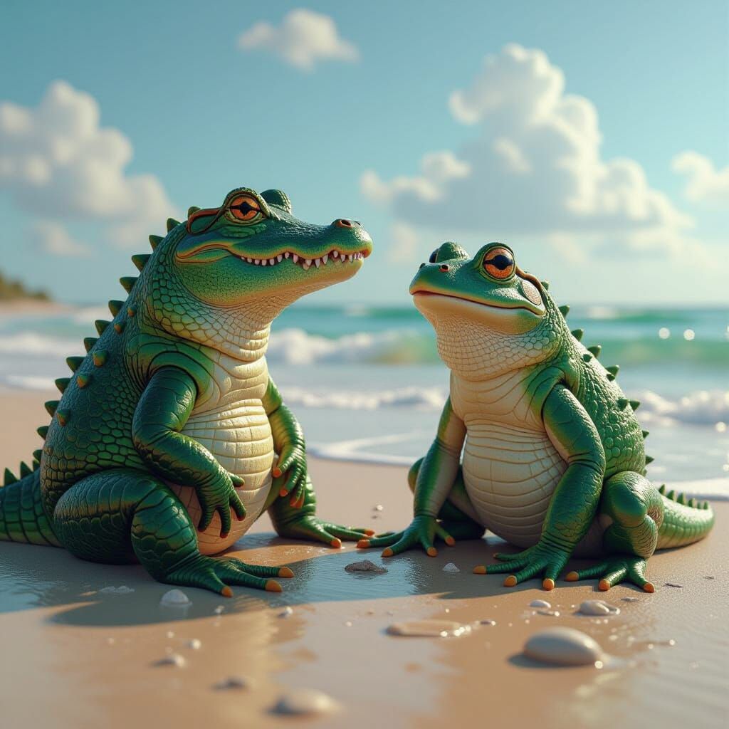 Alligator and Frog Chatting on Sea Shore