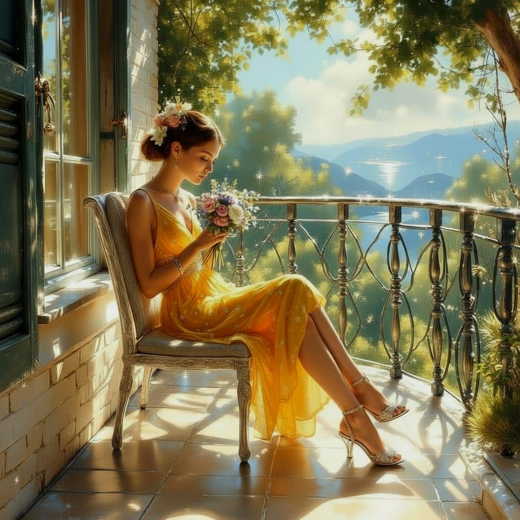 Woman with Wine on Greek Villa Balcony