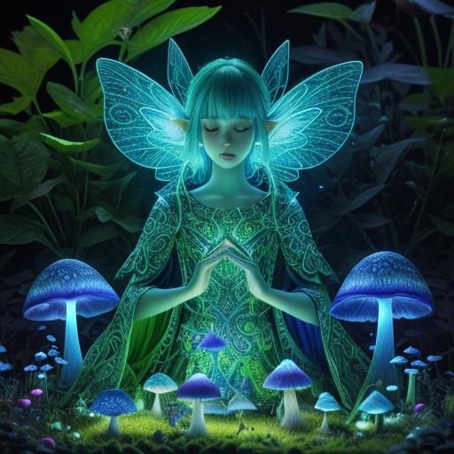 Glowing Pixie Hiding Among Mushrooms