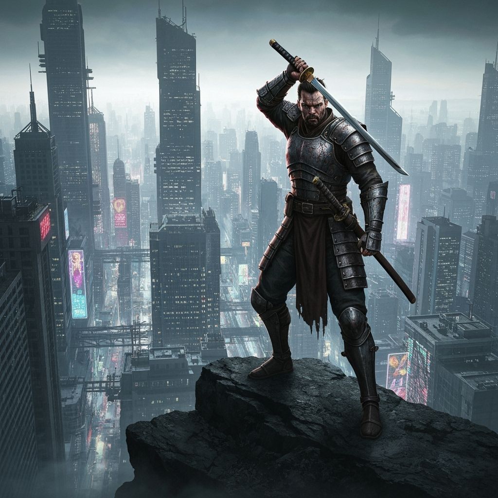 Cyberpunk Warrior on Mountain of Skulls