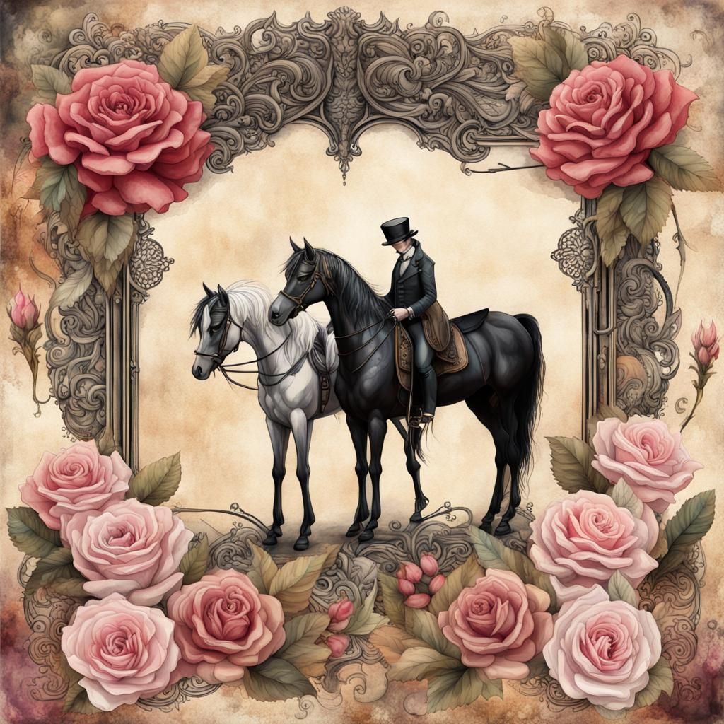 Mythical Steampunk Horses on Vintage Notebook Page