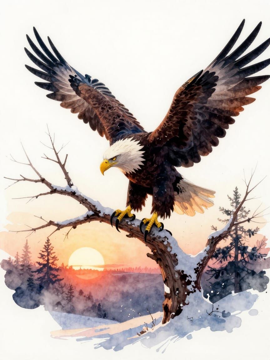 Majestic Eagle on Snowy Tree at Sunset Watercolour