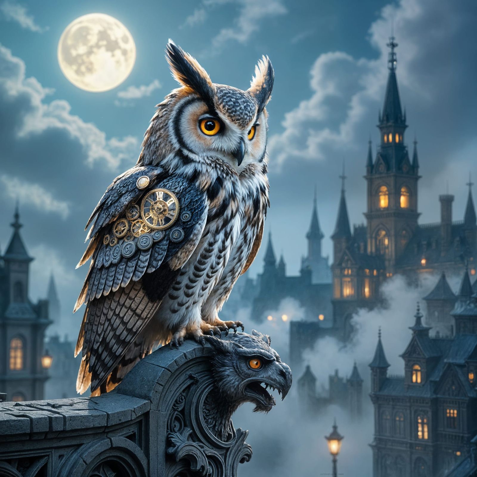 Clockwork Owl on Gargoyle Over Victorian City