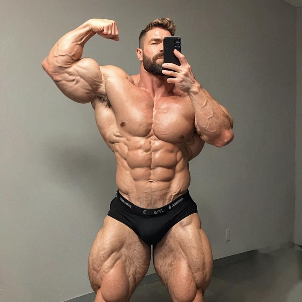 Hyper-Muscular Bodybuilder Flexing in a Minimalist Setting