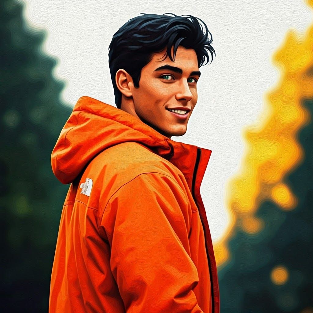 Charming Man in Orange Jacket: Impasto Oil Painting