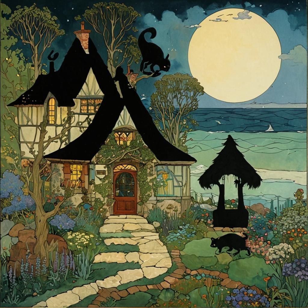 Enchanted Sea Witch Cottage with Black Cat