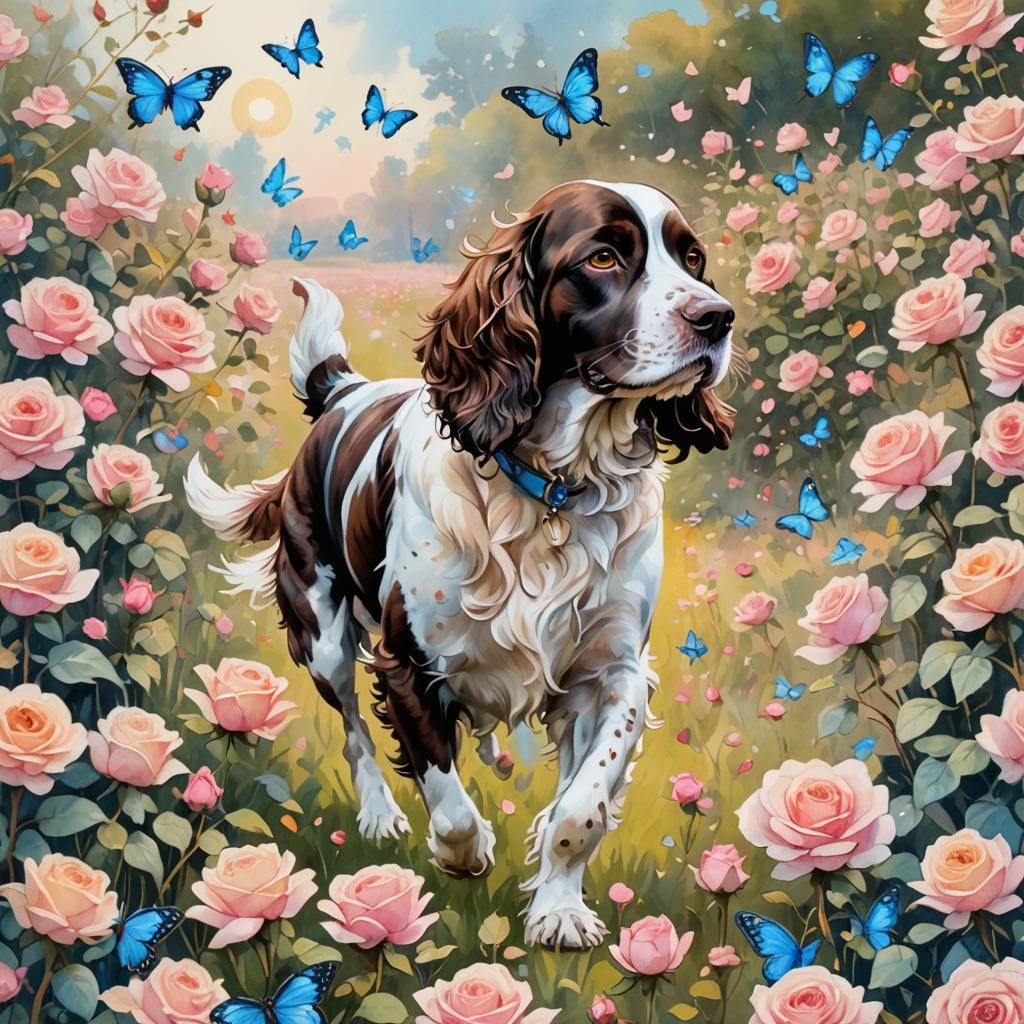 English Springer Spaniel in Anime Rose Garden