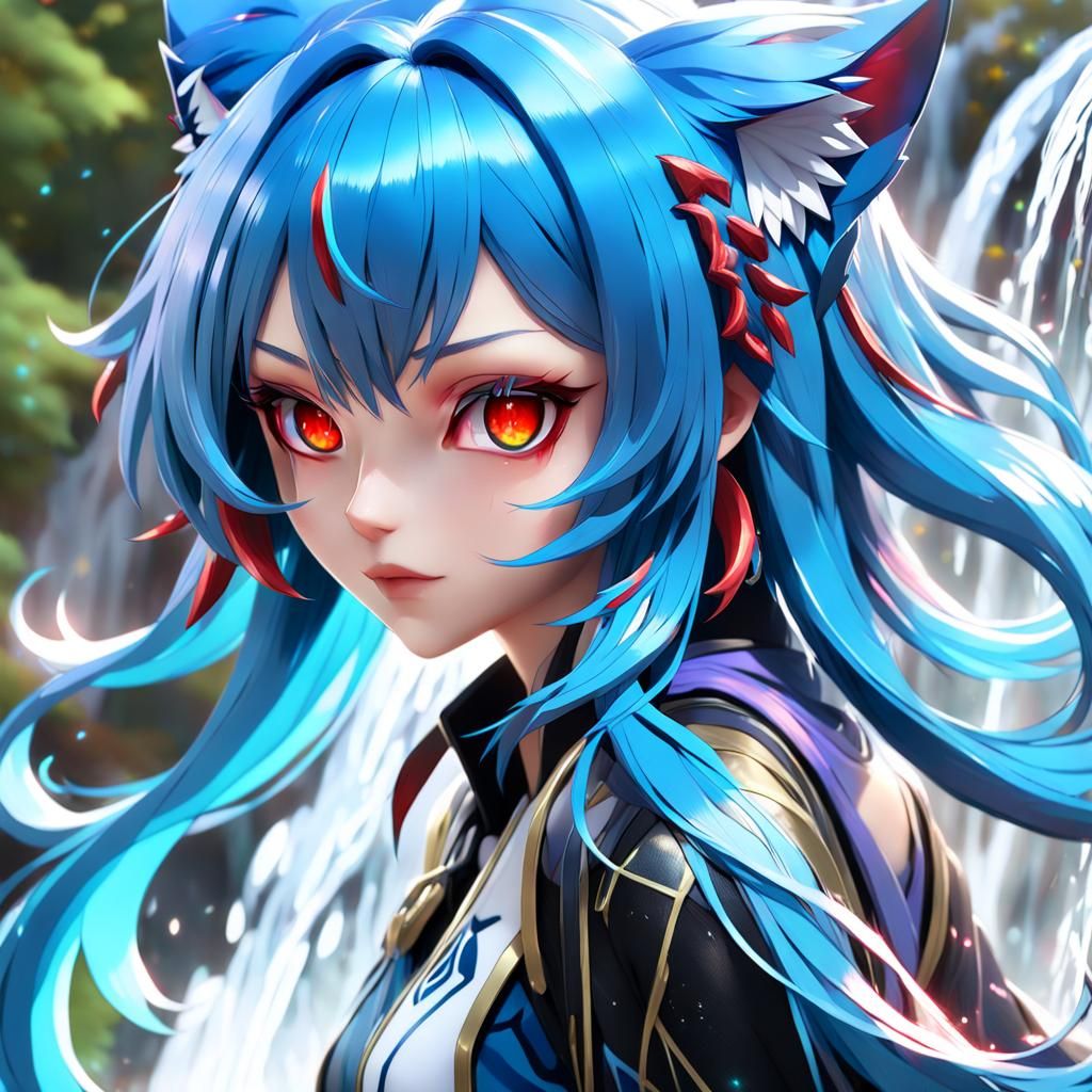 Hyperrealistic Anime Catgirl with Flowing Blue Hair