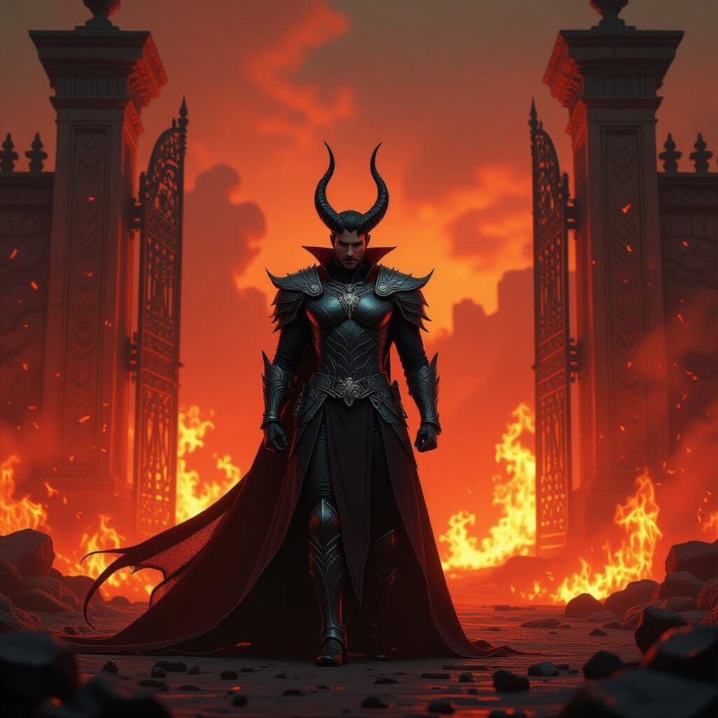Lucifer at Hell's Gate: Majestic Armor in a Fiery Landscape