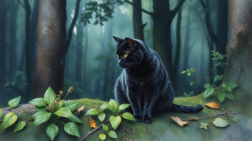 Kidcore Black Cat in Liminal Forest Watercolor